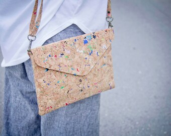 Handbag made from cork with color dots, clutch - handmade and vegan