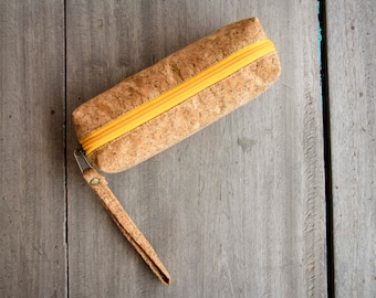 Pencil case made from cork with yellow zipper, pen bag, handmade and vegan
