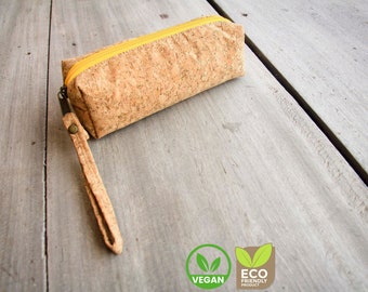 Pencil case made from cork with yellow zipper, pen bag, handmade and vegan