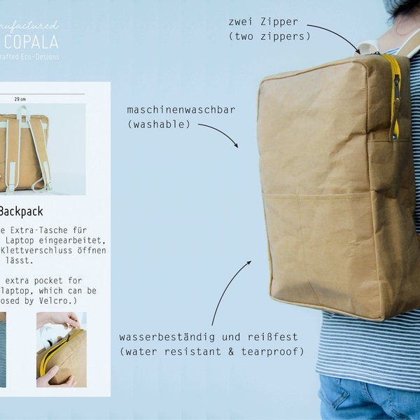 Backpack "Square" with laptop sleeve made of kraft paper, yellow zipper