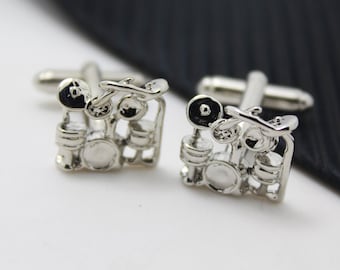 Gemelos con forma de batería, gemelos de plata con motivos musicales, joyería para músicos.