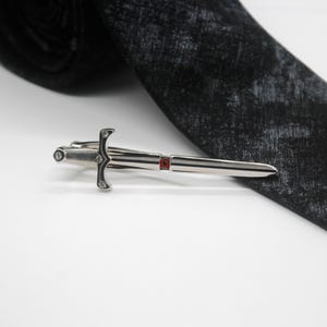 Sword Tie Clip | Cross Guard Tie Bar with Gemstone | Groomsmen Gift