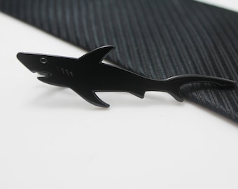 Matte Black Shark Tie Clip, White Silhouette, Ocean Predator Accessory