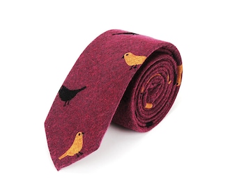 Love Is A Bird, The Magpies Tie, Red Wine Pure Cotton Tie,  Wedding  Outfit, Gift For Man