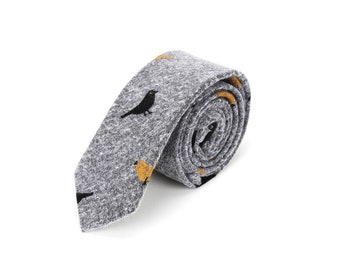 Love Is A Bird, The Magpies Tie, Gray Pure Cotton Tie,  Wedding  Outfit, Gift For Man