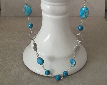 Long Beaded Blue Sea Sediment Jasper Chain Necklace,  Gemstone Necklace, Blue Jewelry, Australian Jewellery, Boho Necklace, Hippy Necklace