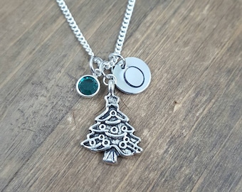 Personalized Christmas Necklace - Hand stamped Monogram Christmas Tree Necklace - Holiday Necklace