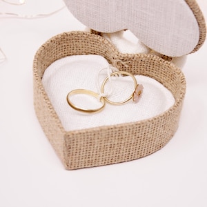 Heart-shaped alliance box, burlap and white linen bow, white linen removable cushion image 1