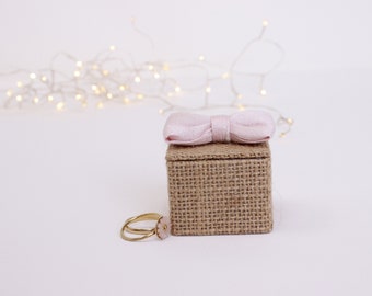 small square wedding ring box, pink silk knot, white linen interior