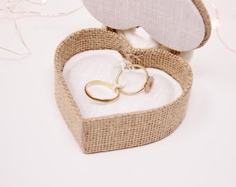 Heart-shaped alliance box, burlap and white linen bow, white linen removable cushion