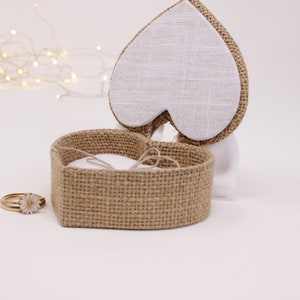 Heart-shaped alliance box, burlap and white linen bow, white linen removable cushion image 2