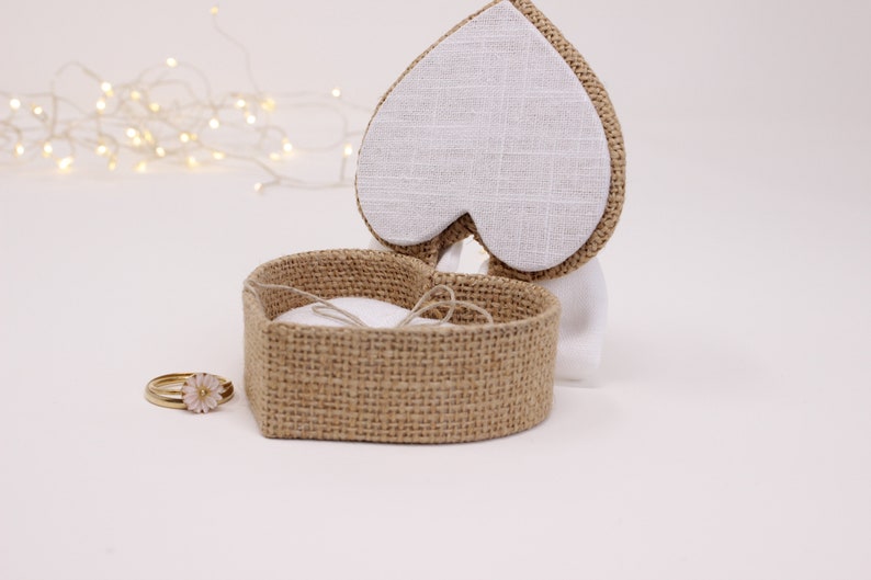 Heart-shaped alliance box, burlap and white linen bow, white linen removable cushion image 2