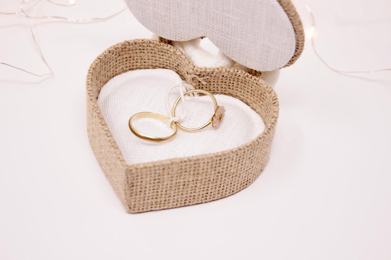 Heart-shaped alliance box, burlap and white linen bow, white linen removable cushion image 1