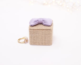 small square jute wedding ring box, parma silk knot, white linen interior