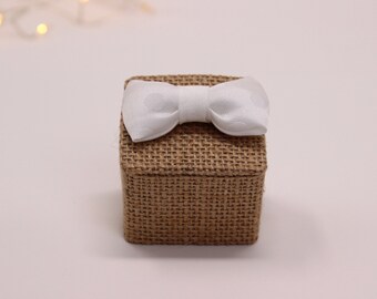 Wedding ring box, jute wedding ring holder and white polka dot silk knot