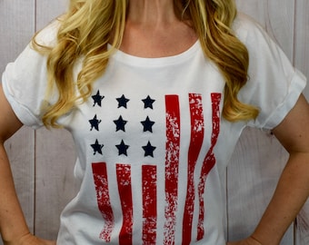 4th of July Womens Shirt. American Flag Top. Off Shoulder Top. Graphic Tshirt. Country Music. USA shirt. Merica Top
