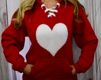Red Valentine's Day Lace-Up Hoodie: Women's Heart Sweatshirt
