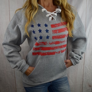 American Flag Hooded Sweatshirt. 4th of July Sweatshirt. Lace Up Hoodie. USA Sweatshirt. American Flag Top. Sport Hoodie. Patriotic Clothing