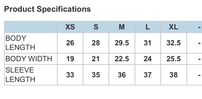 May include: Product specifications chart with measurements for clothing. Includes body length, body width, and sleeve length in inches for sizes XS to XL. The chart is on a white background with a light blue header.