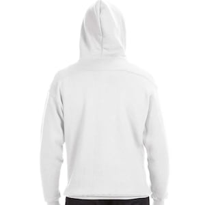 May include: A white hooded sweatshirt, viewed from the back, with a drawstring hood and a kangaroo pocket. The sweatshirt is made of a soft, comfortable material, perfect for casual wear. The back of the sweatshirt is plain, with no visible graphics or logos.