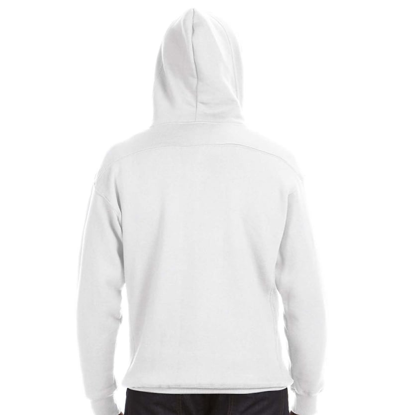 May include: A white hooded sweatshirt, viewed from the back, with a drawstring hood and a kangaroo pocket. The sweatshirt is made of a soft, comfortable material, perfect for casual wear. The back of the sweatshirt is plain, with no visible graphics or logos.