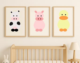 Farm Animal Nursery Wall Art Set of 3 | Baby Room Decor Prints | Neutral Farm Nursery Decor | Duck Pig Cow Prints