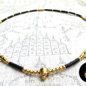 Thai Amulet Necklace 9 Hooks Phra pendant holy 30 inches gold beads Buddha Buddhist handmade unique jewelry.