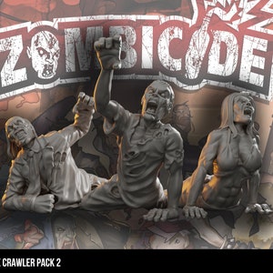 Peut inclure: Image de trois figurines de zombies gris dans différentes poses, avec des vêtements déchirés et la bouche ouverte. Le mot "Zombicide" est affiché dans une police déformée au-dessus des figurines. Le texte "Zombie Crawler Pack 2" est en bas.