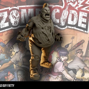 Op de afbeelding: Een gedetailleerd geschilderd miniatuur van een zombie, een "Bad Guy Fatty" uit het bordspel Zombicide. De zombie is een groot, vlezig figuur met een gescheurd shirt en een mohawk. Het miniatuur is geschilderd in tinten bruin en beige.