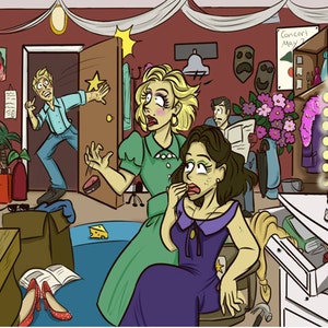May include: A chaotic backstage scene with a woman in a purple dress, a woman in a green dress, a man in a blue shirt, and a man reading a newspaper. There is a vanity with a mirror and makeup supplies, a star on the door, and a sign that says "Concert May".