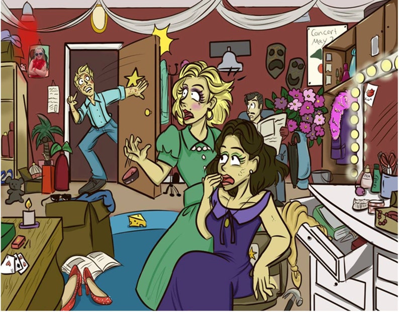 May include: A chaotic backstage scene with a woman in a purple dress, a woman in a green dress, a man in a blue shirt, and a man reading a newspaper. There is a vanity with a mirror and makeup supplies, a star on the door, and a sign that says "Concert May".