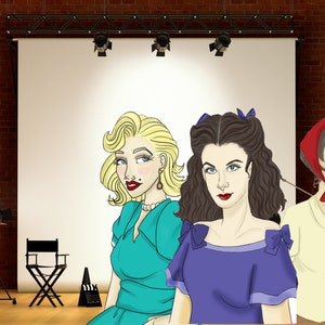 May include: Three women in vintage clothing stand in front of a white backdrop. The woman on the left wears a teal dress with a pearl necklace. The woman in the center wears a purple dress with a bow. The woman on the right wears a white blouse with a red headscarf.