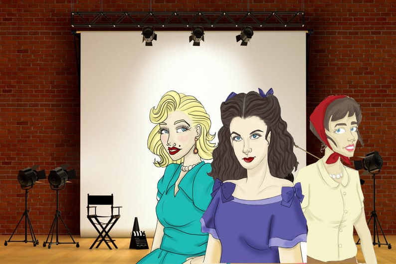 May include: Three women in vintage clothing stand in front of a white backdrop. The woman on the left wears a teal dress with a pearl necklace. The woman in the center wears a purple dress with a bow. The woman on the right wears a white blouse with a red headscarf.