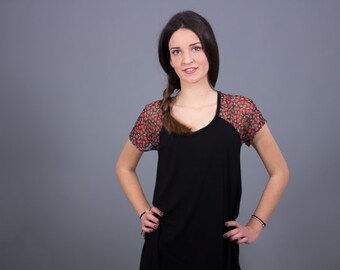 Black asymmetric dress-tunic with floral tulle