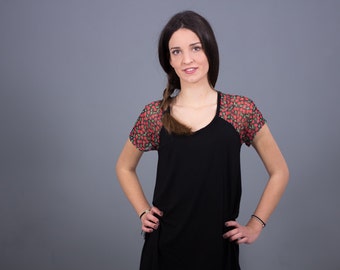 Black asymmetric dress-tunic with floral tulle