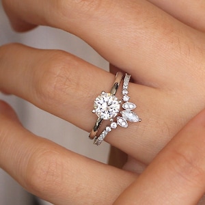 Brilliant Solitaire Engagement Ring Set - Tiara Bridal Ring Set - Dainty Wedding Ring Set for Travel - Gift for Her [BR3313-2T]