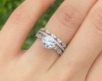 Anton Round Pavé Mix Matched Ring Set - Brilliant Cut Diamond Engagement Ring Set - Main Ring + Two Eternity Band Option [BR1055-3PX]