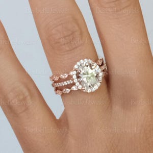 Oval Art Deco Halo Engagement Ring Set - Three Piece Wedding Ring Set - Vintage Style Wedding Ring - Stackable Ring Bundle [BR3052-3A]