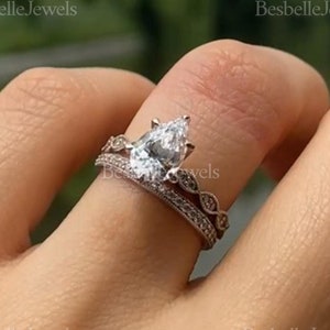 Anton Pear Milgrain Ring Set - Pear Cut Engagement Ring Set - Main Ring + Eternity Band Option - Vintage Wedding Set [BR1255-2M]
