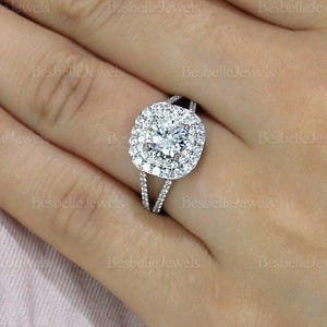 Double Halo Engagement Ring: Sterling Silver Split Shank / 3253