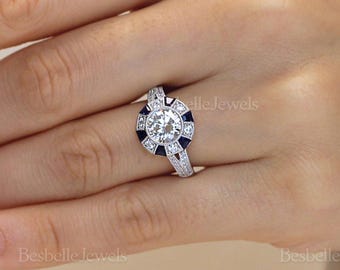 Daphne Sapphire Halo Ring, Art Deco Engagement Ring, Blue Accent Halo Ring, Vintage Inspired Sterling Silver Ring, Bridal Jewelry (6853R)