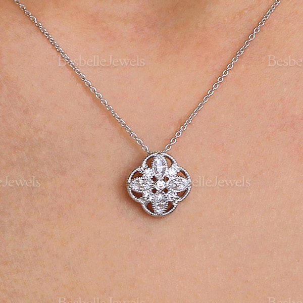 Marquise Cut Clover Necklace - Milgrain Art Deco Necklace - Gift for Her - Dainty Bridesmaid Wedding Necklace (4051N)