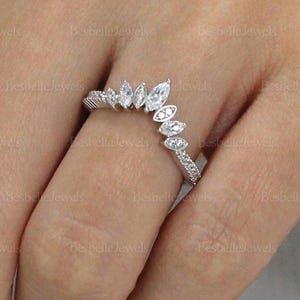 Grand Tiara Ring - Sterling Silver Crown Wedding Ring - Curved Tiara Ring - Marquise Cut Stacking Ring - Gift for Her (9554R)