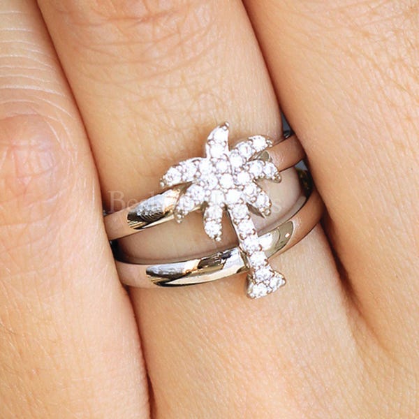 Anillo de promesa con palmera - Anillo clásico con palmera - Anillo tropical llamativo - Anillo de verano con palmera - Anillo con banda dividida con palmera (8119R)