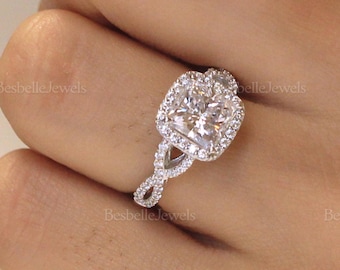 Infinity Crossover Art Deco Engagement Ring - Pave Twist Band Ring - Cushion Cut Wedding Ring - Valentine's Day Gift for Her (9852R)