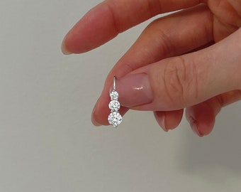 Three Stone Diamond Lever Back Earrings - Dangling Silver Diamond Earrings - Minimalist Bridesmaid Wedding Jewelry [BE9506]