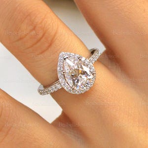 Pear Halo Engagement Ring / Teardrop Lab Diamond CZ Ring / Dainty Pear Cut Ring / Classic Halo Wedding Ring / Promise Ring / 4952