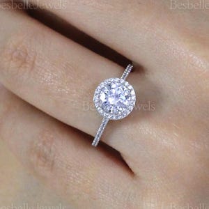 Moon Halo Engagement Ring - Round Cut Engagement Halo Ring - 925 Sterling Silver Promise Ring - Valentine's Day Gift for Her (0754R)