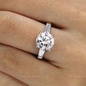 Tapered Baguette Band Engagement Ring - Round Brilliant & Tapered Baguette Cut Ring - Three Stone Ring - Minimalist Statement Ring [BR6013]