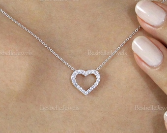 Pavé Set Hjärthalsband - Alla hjärtans dag-present - Hjärtpavéhalsband - Minimalistiskt öppet hjärthalsband - Elegant halsband (7952N)